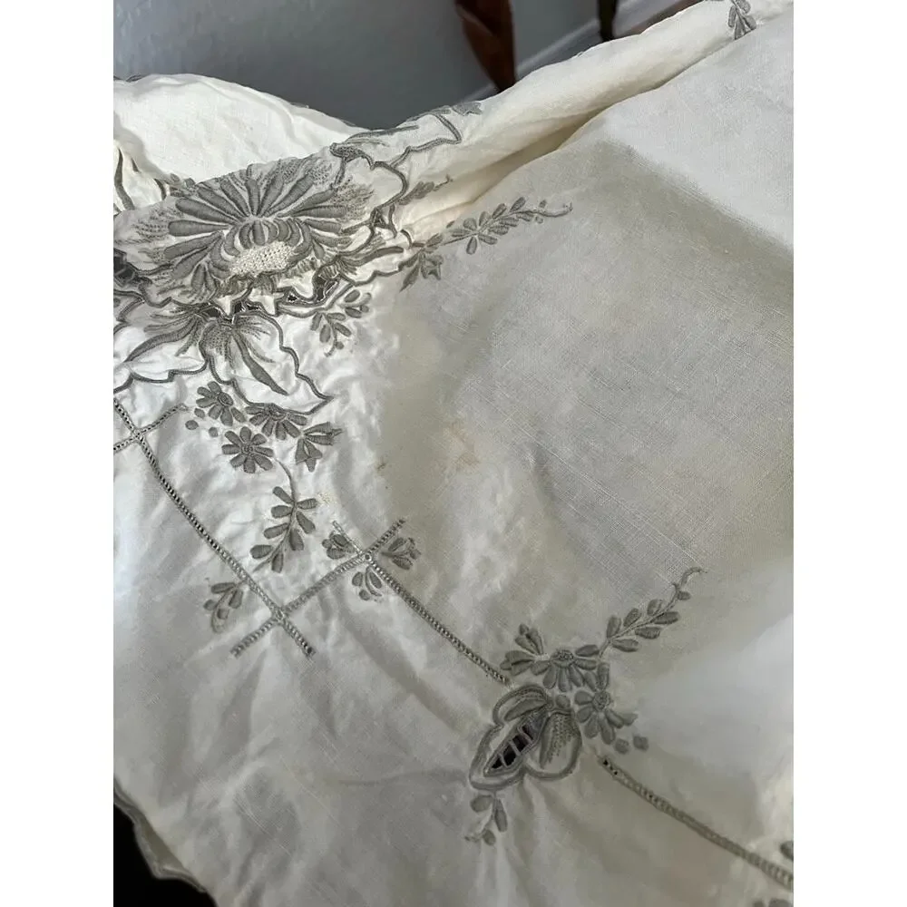 Vintage Hand Embroidery Floral Linen Tablecloth Ivory Rectangular 98